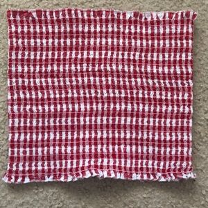 John Galt red smocked gingham tube top